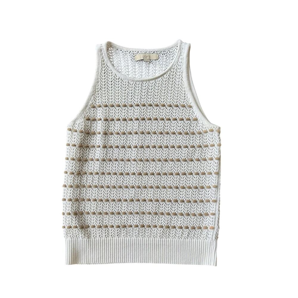 Loft crochet White and beige Cotton Tank Top Blouse Sleeveless Sweater Women’s M - Picture 3 of 8
